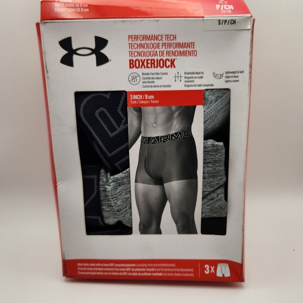 Under Armour 3 Pack Performance Tech 3" Boxerjock Small Boxer Briefs Black Gray